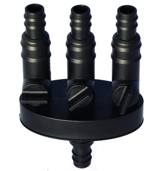 Kerry, 3-Wege-Verteiler, 1/2" + 3/4 Einlass, 3 stufenlos regulierbare Auslässe 1/2" + 3/4, , schwarz, 8,5x9x5 cm (24 Stück/Karton)