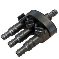 Kerry, 3-Wege-Verteiler, 1/2" + 3/4 Einlass, 3 stufenlos regulierbare Auslässe 1/2" + 3/4, , schwarz, 8,5x9x5 cm (24 Stück/Karton)